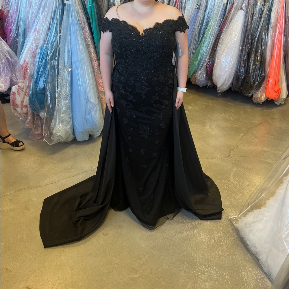 Angelz Collection Black Off The Shoulder Gown with Overskirt (Style #19R222)